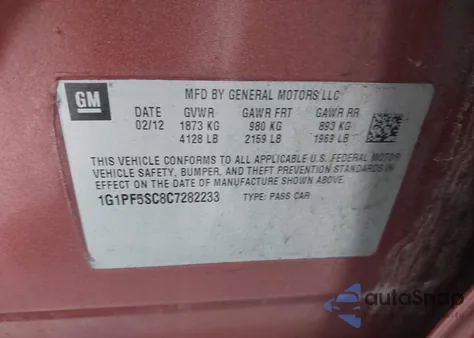 2012 Chevrolet Cruze 1Lt from USA, damaged, VIN 1G1PF5SC8C7282233